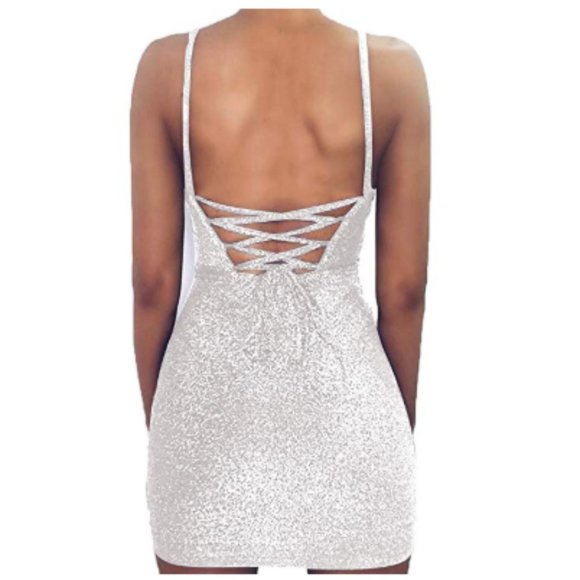 Sexy Glitter Spagetti Straps Lace Up Bodycon Dress - Picture 2 of 8